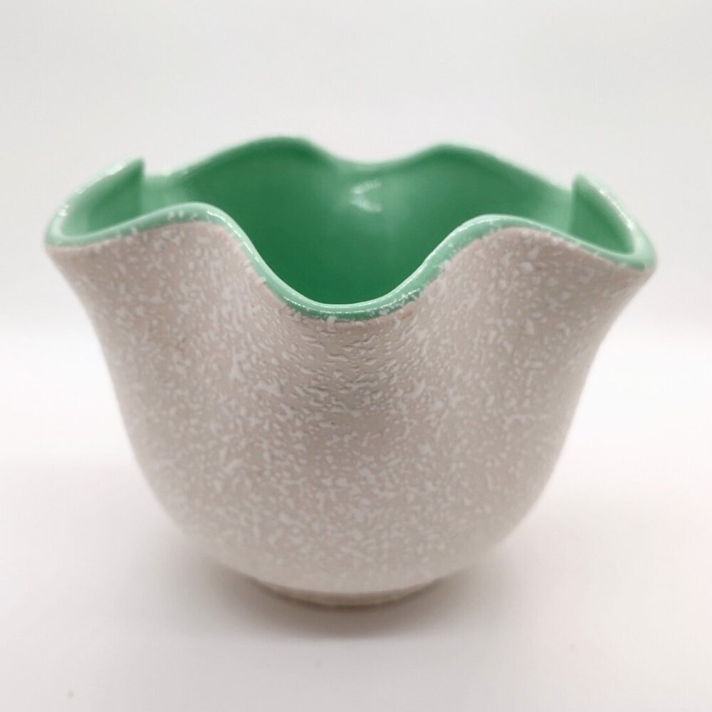 Vintage CC Original USA MCM Art Pottery Splatter Planter Vase Teal Ruffle 4.25"